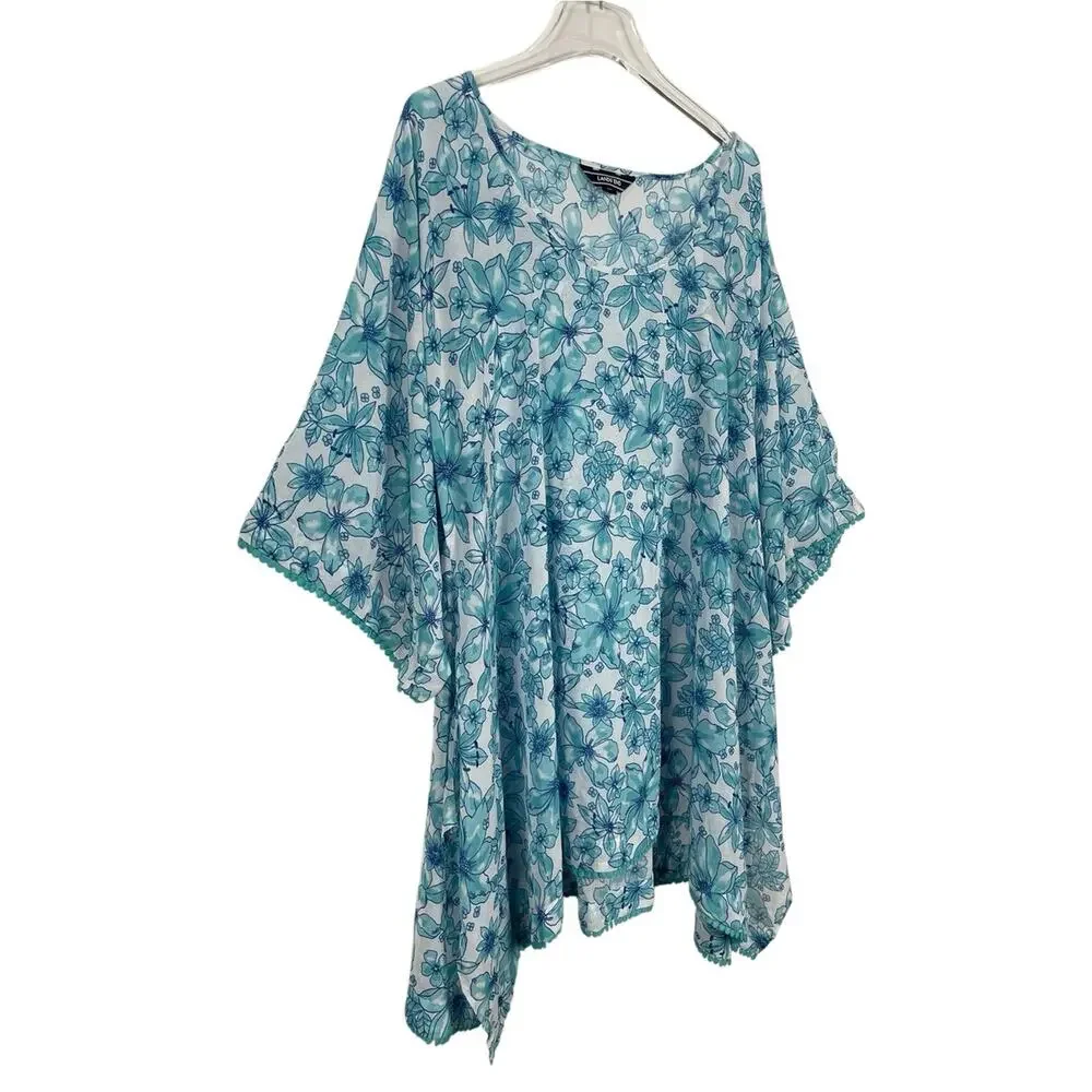 Lands' End Floral Swim Cover Up Tunic Dot Lace Trim Blue Size XL